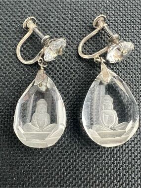 Vtg OWB Japan Sterling Rock Crystal Buddha Screw Back Earrings